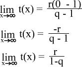lim_x->oo t(x) = r(0-1)/(q-1)  =>  lim_x->oo t(x) = -r/(q-1)  =>  lim_x->oo t(x) = r/(1-q)